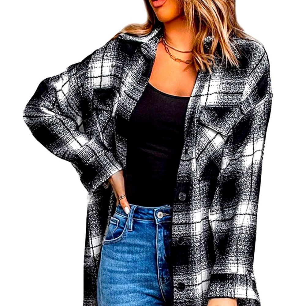 Black Plaid Long Coat Jacket L